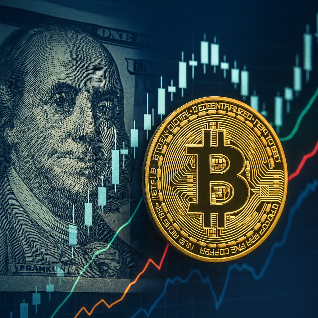 Bitcoin coin next to US dollar and financial trading charts, symbolising the shift from traditional finance to digital assets