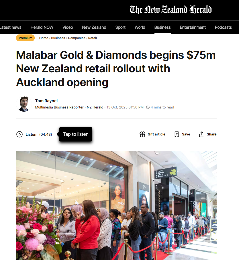 Screenshot of NZ Herald coverage on Malabar Gold & Diamonds launch in Auckland
