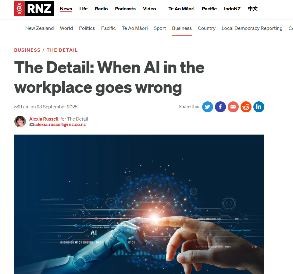 Screenshot of RNZ coverage on New Zealand productivity report