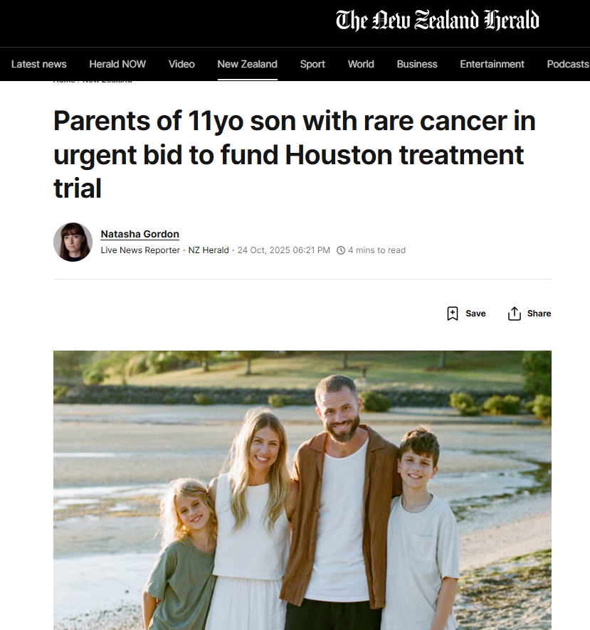 Screenshot of NZ Herald coverage on Hugo Donaldson cancer trial