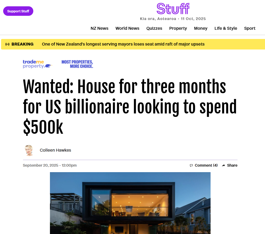 Screenshot of Stuff coverage on luxury accommodation Auckland