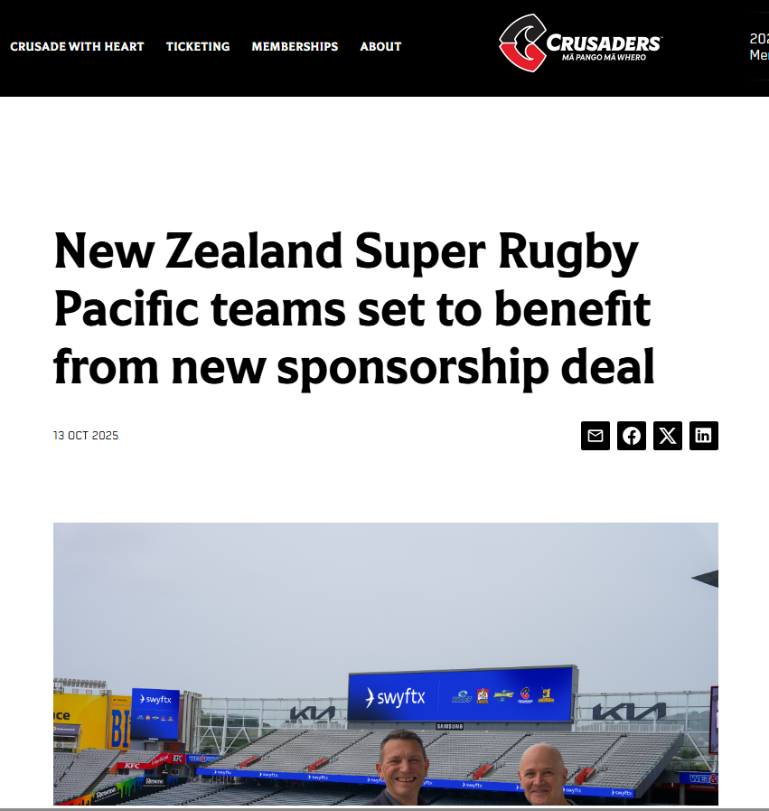Screenshot of coverage on Swyftx Super Rugby Pacific sponsorship