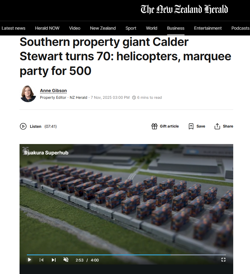 Screenshot of NZ Herald coverage on Calder Stewart 70th anniversary